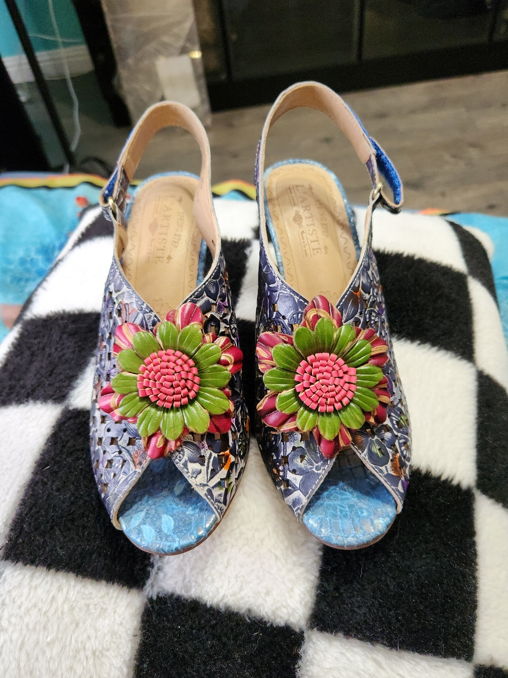 Spring Step L' Artist Blue Floral Open-Toe Leather Slingback Mules Euro 37, US 7
